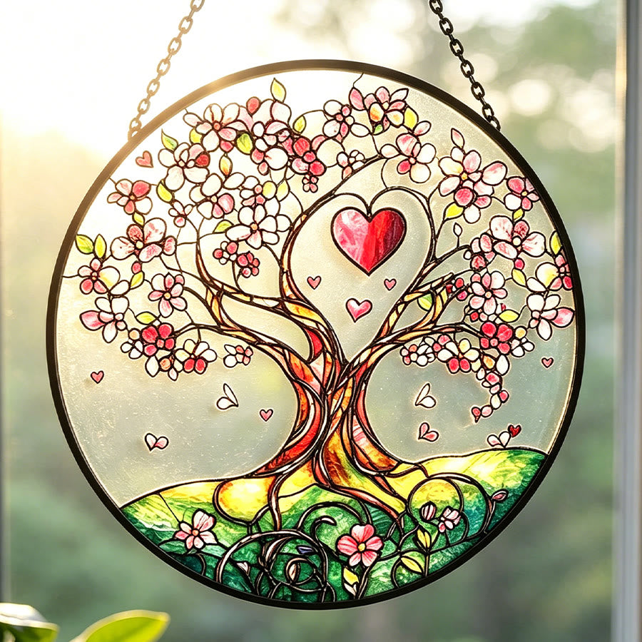 Olivenorma Cherry Blossom Heart Tree Stained Glass Sun Catcher - image 1