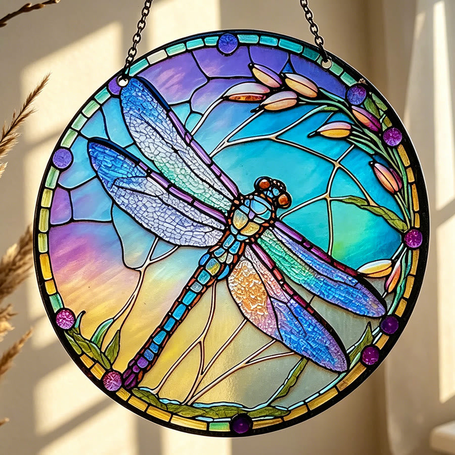 Olivenorma Iridescent Dragonfly Botanical Stained Glass Sun Catcher - 30cm*30cm - Inclined - image 0