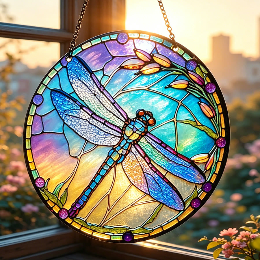 Olivenorma Iridescent Dragonfly Botanical Stained Glass Sun Catcher - image 1