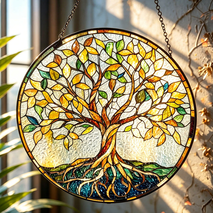 Olivenorma Vintage Autumn Tree Of Life Mosaic Stained Glass Sun Catcher - 30cm*30cm - Yellow - image 0