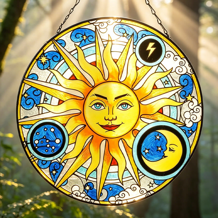 Olivenorma Celestial Sun Moon Lightning Zodiac Stained Glass Sun Catcher - image 6