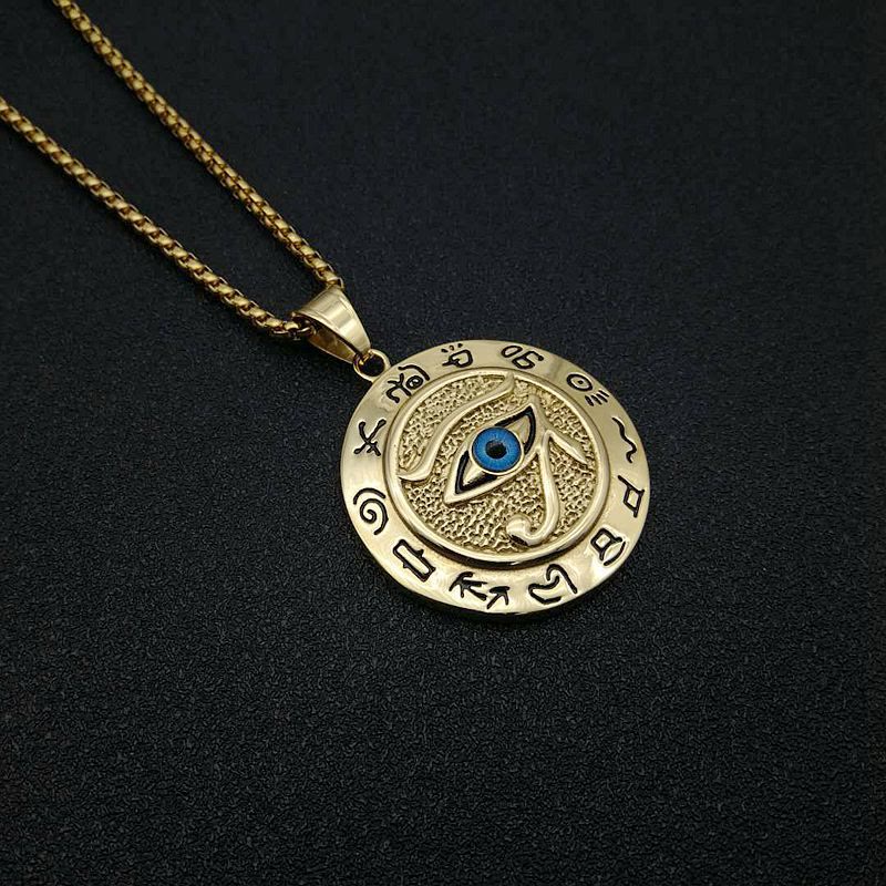 FREE Today: 1Psc Ancient Egyptian The Eye of Horus Pendant Necklace Men's Accessory - Gold Eye of Horus & Black Runes - image 1
