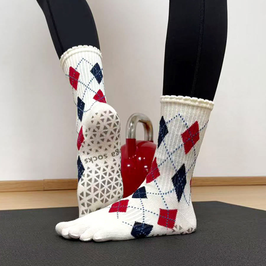 Olivenorma High Elastic Mid Tube Non Slip Silicone Dot Pressure Relief All Day Comfort Indoor Gym Women's Yoga Socks - White Plaid - 10Pairs - image 6