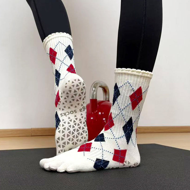 Olivenorma High Elastic Mid Tube Non Slip Silicone Dot Pressure Relief All Day Comfort Indoor Gym Women's Yoga Socks - White Plaid - 10Pairs - image 6