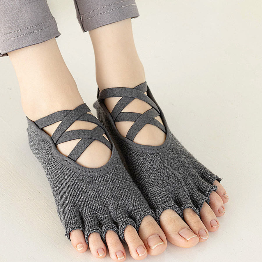 Olivenorma Five Toe Silicone Grips Non Slip Shock Absorption Snug Fit All Scene Indoor Activity Women's Yoga Socks - Grey Cross Strap Open Toe - 10Pairs - image 20