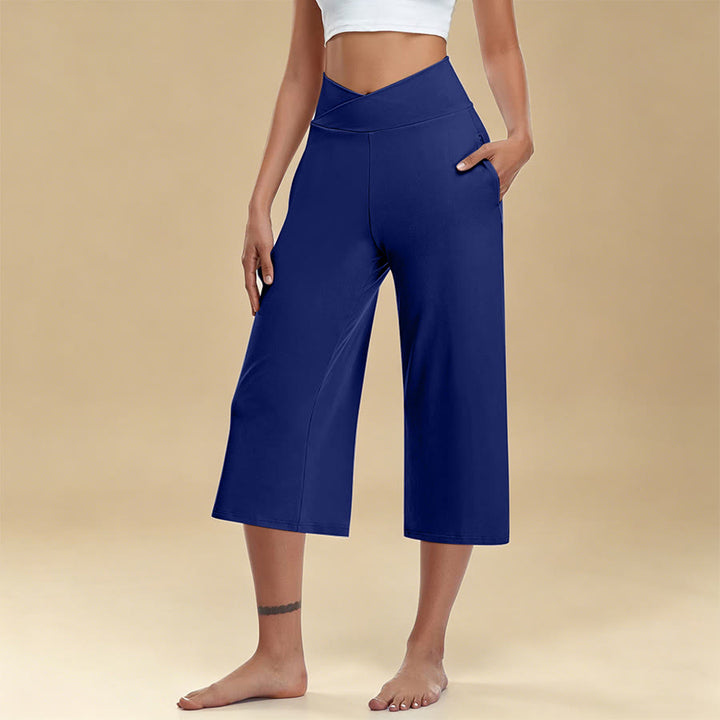 Olivenorma Crossover High Waist Cropped Wide Leg With Pockets Yoga Fitness Women's Pants - Blue - 3XL - image 5