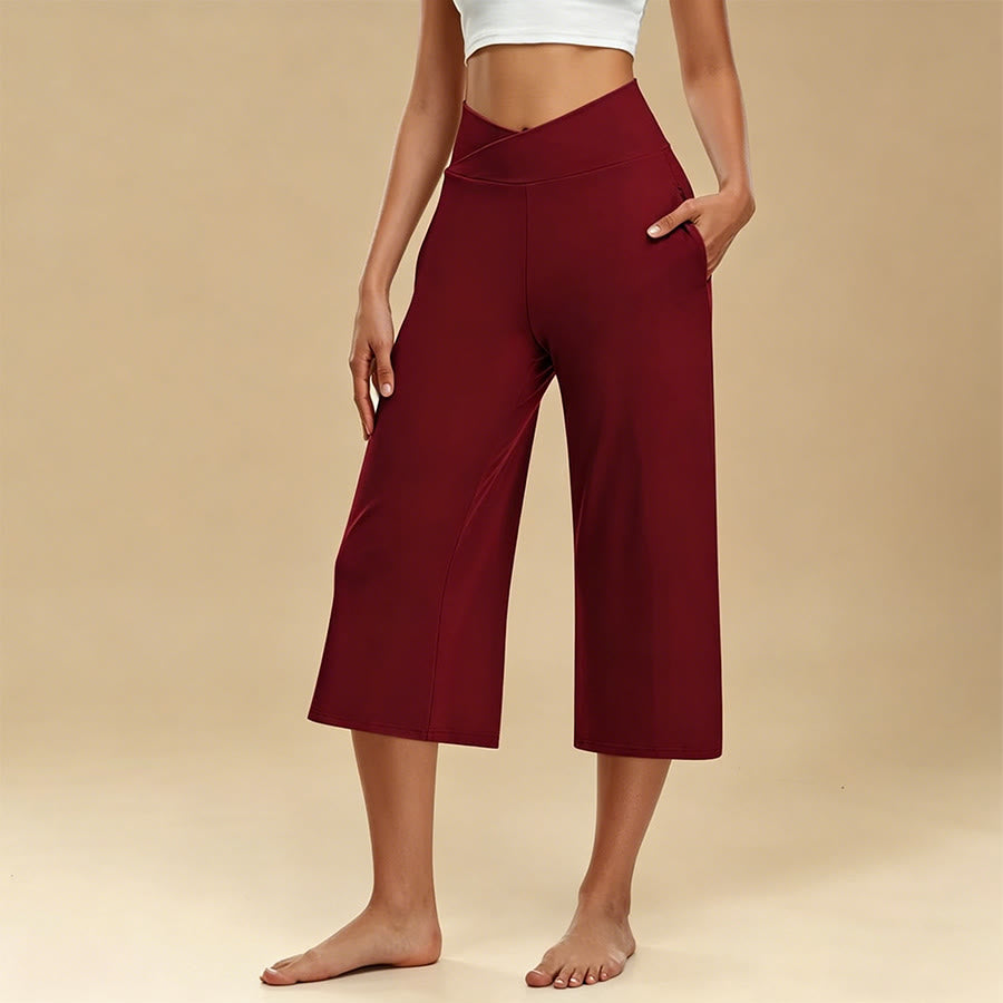 Olivenorma Crossover High Waist Cropped Wide Leg With Pockets Yoga Fitness Women's Pants - Wine Red - 3XL - image 12