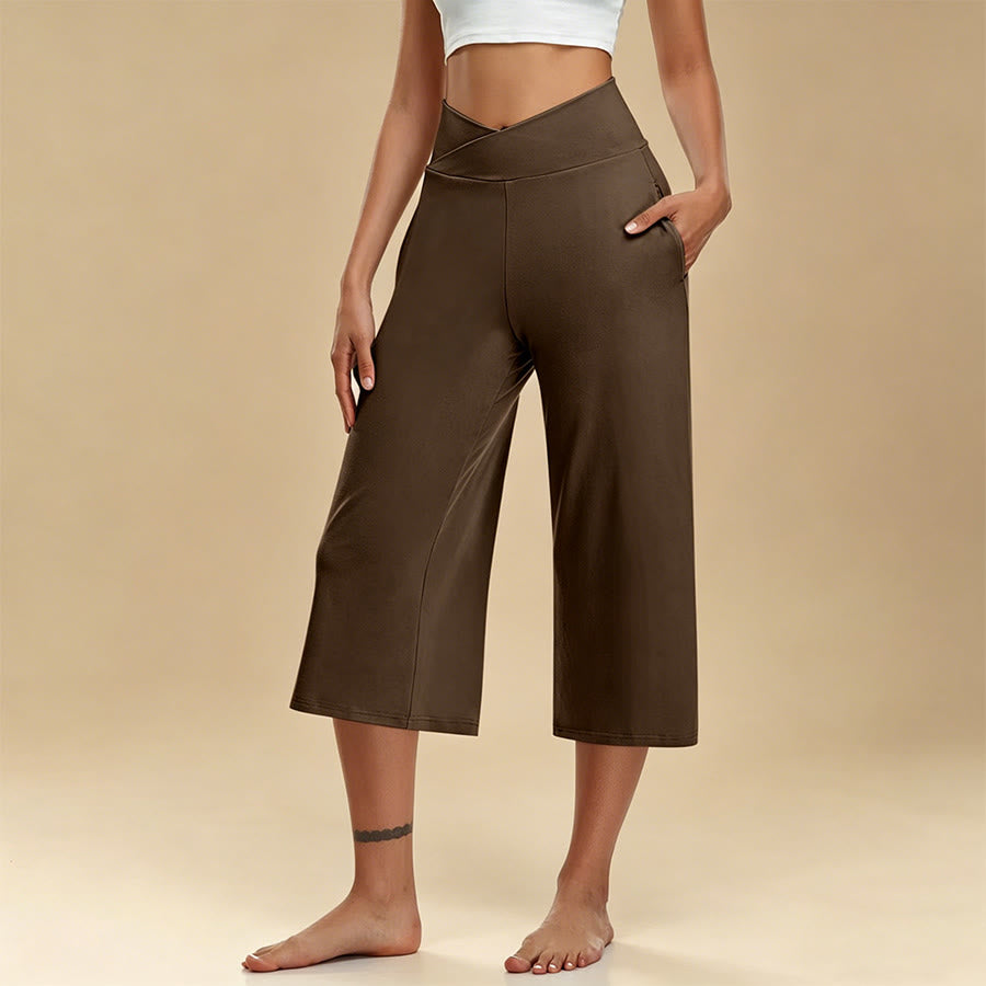 Olivenorma Crossover High Waist Cropped Wide Leg With Pockets Yoga Fitness Women's Pants - Coffee - 3XL - image 9