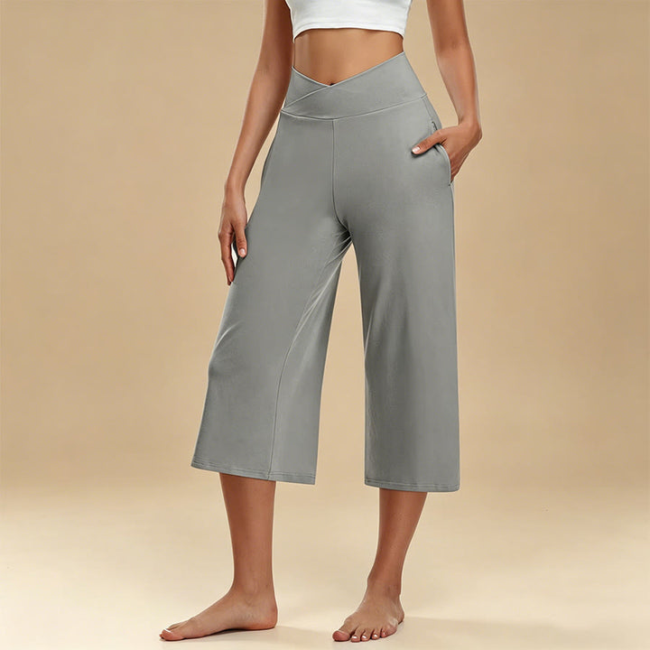 Olivenorma Crossover High Waist Cropped Wide Leg With Pockets Yoga Fitness Women's Pants - Gray - 3XL - image 4