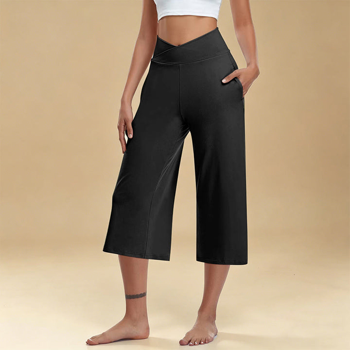 Olivenorma Crossover High Waist Cropped Wide Leg With Pockets Yoga Fitness Women's Pants - Black - 3XL - image 3
