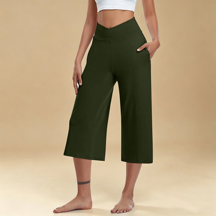 Olivenorma Crossover High Waist Cropped Wide Leg With Pockets Yoga Fitness Women's Pants - Army Green - 3XL - image 8