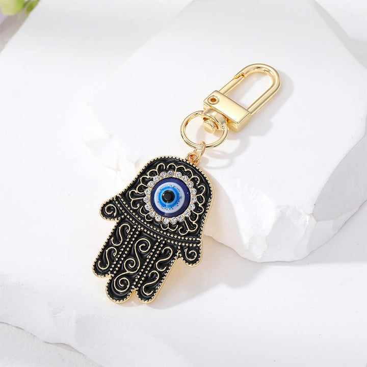 Olivenorma Exquisite Rhinestone Inlaid Hamsa Evil Eye Key Pendant Ornament - Black - image 7
