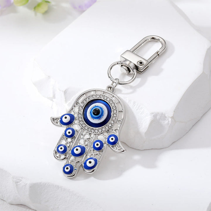 Olivenorma Exquisite Rhinestone Inlaid Hamsa Evil Eye Key Pendant Ornament - Silver - image 9