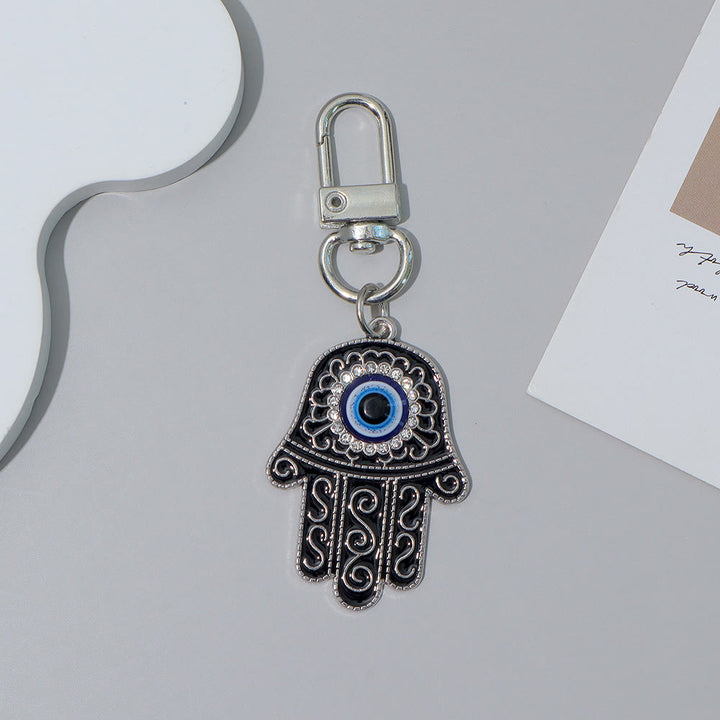 Olivenorma Exquisite Rhinestone Inlaid Hamsa Evil Eye Key Pendant Ornament - Black & Silver - image 12