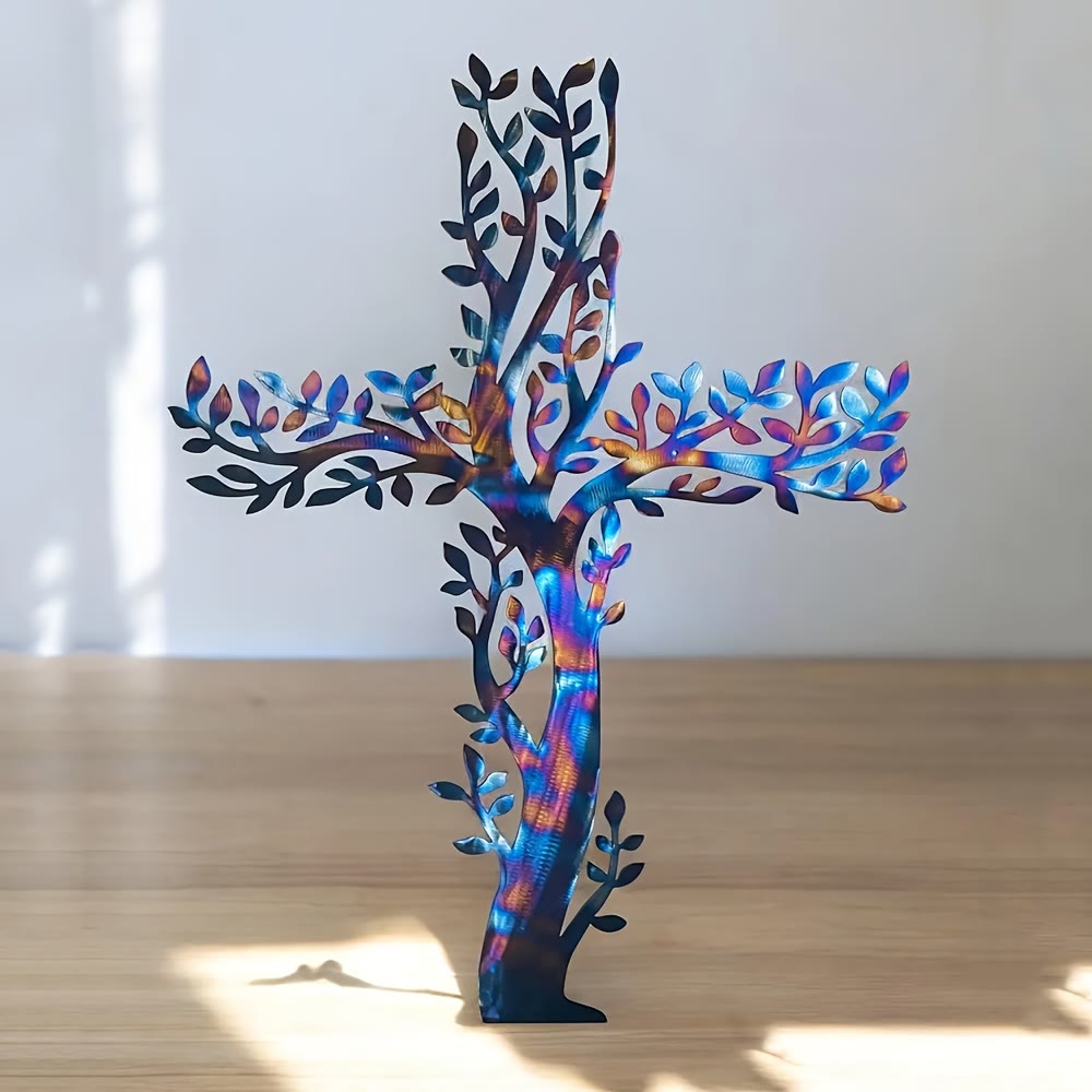 Olivenorma 1Pcs Metal Wall Art Featuring a Tree of Life Cross Home Wall Cross - 52cm*35.7cm*1.2mm - Blue - image 6