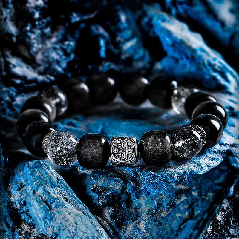 Olivenorma Silver Obsidian & Black Quartz Rutilated Engraved Charm Beaded Bracelet - 17-18cm - image 0