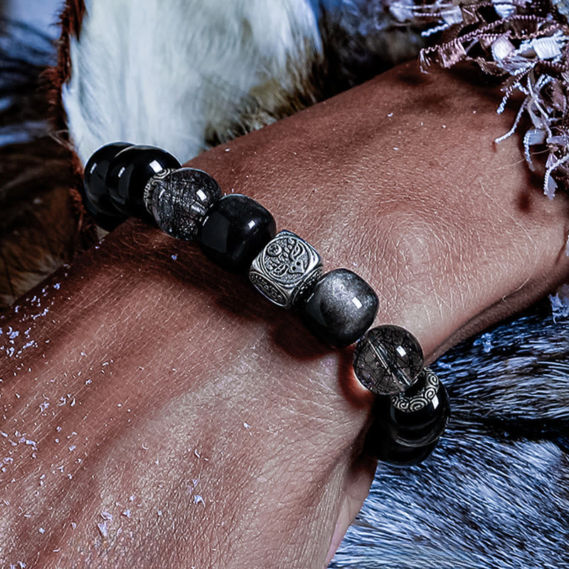 Olivenorma Silver Obsidian & Black Quartz Rutilated Engraved Charm Beaded Bracelet - image 1