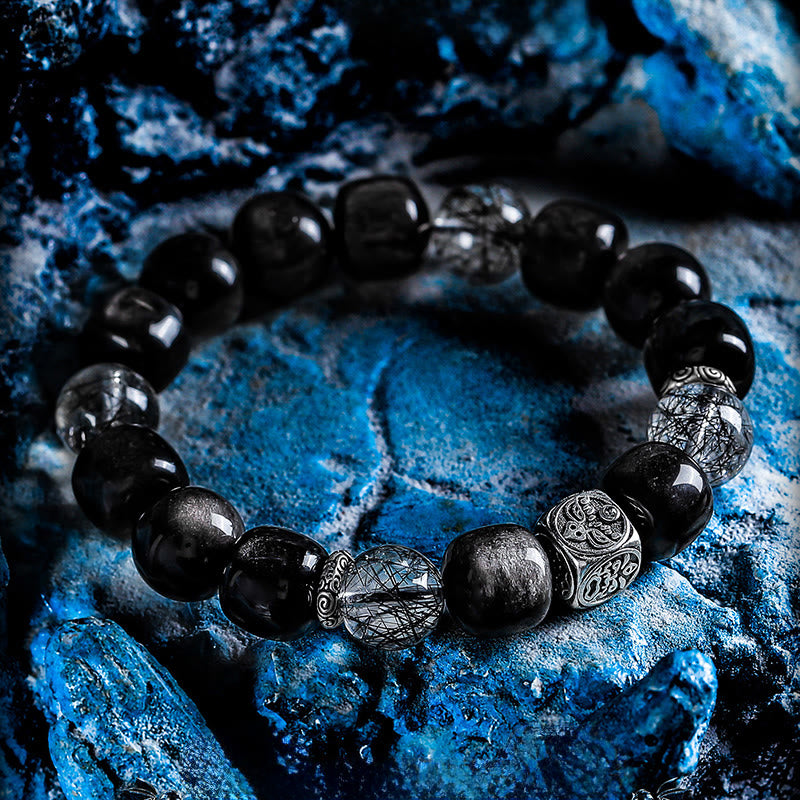 Olivenorma Silver Obsidian & Black Quartz Rutilated Engraved Charm Beaded Bracelet - image 2
