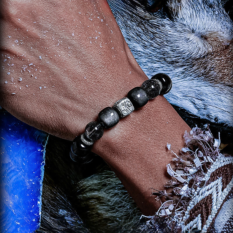 Olivenorma Silver Obsidian & Black Quartz Rutilated Engraved Charm Beaded Bracelet - image 4