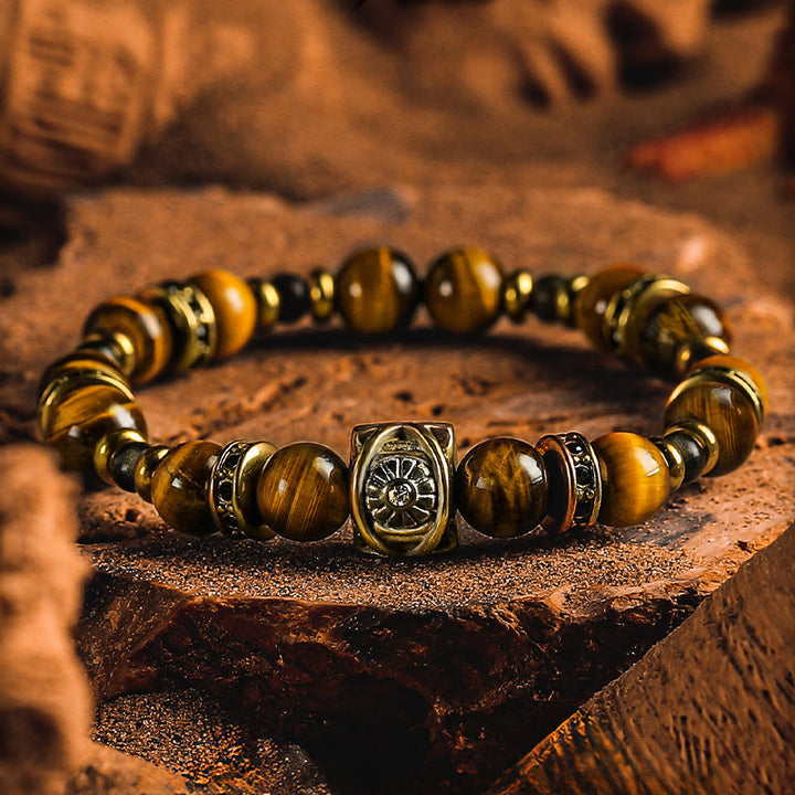 Olivenorma Tiger's Eye & Gold Obsidian Sun Symbol Engraved Beaded Bracelet - 18-19cm - image 0