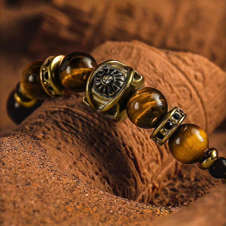 Olivenorma Tiger's Eye & Gold Obsidian Sun Symbol Engraved Beaded Bracelet - image 2