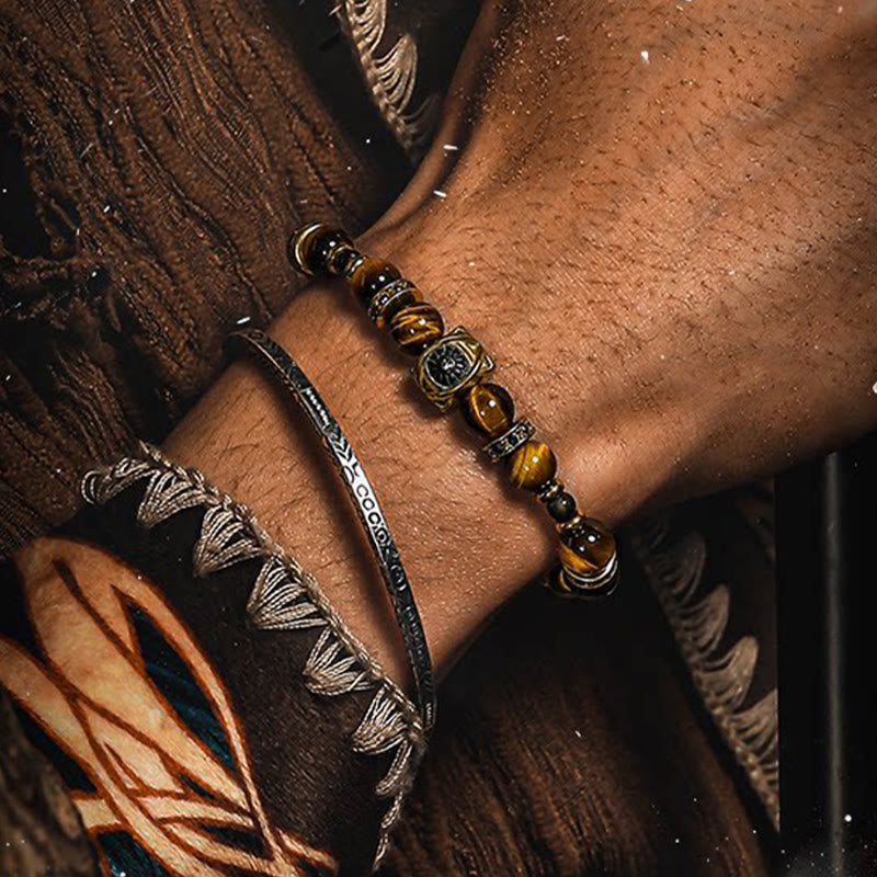 Olivenorma Tiger's Eye & Gold Obsidian Sun Symbol Engraved Beaded Bracelet - image 3