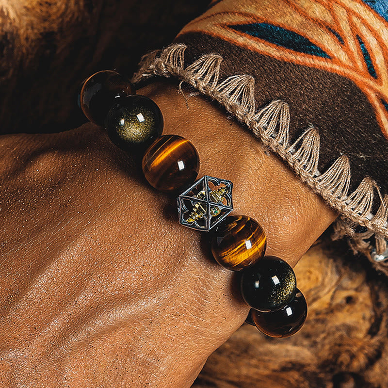 Olivenorma Tiger's Eye & Gold Obsidian Sacred Geometry Charm Beaded Bracelet - image 4