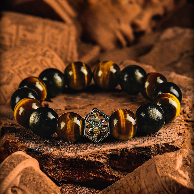 Olivenorma Tiger's Eye & Gold Obsidian Sacred Geometry Charm Beaded Bracelet - 17-18cm - image 0