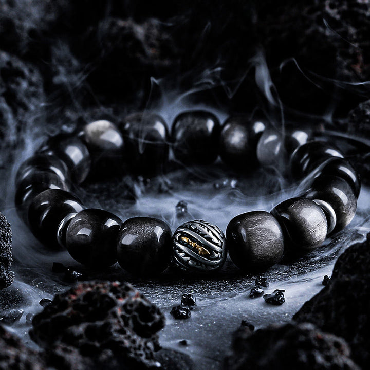 Olivenorma Silver Obsidian Twisted Symbol Engraved Charm Bracelet - 18-19cm - image 0