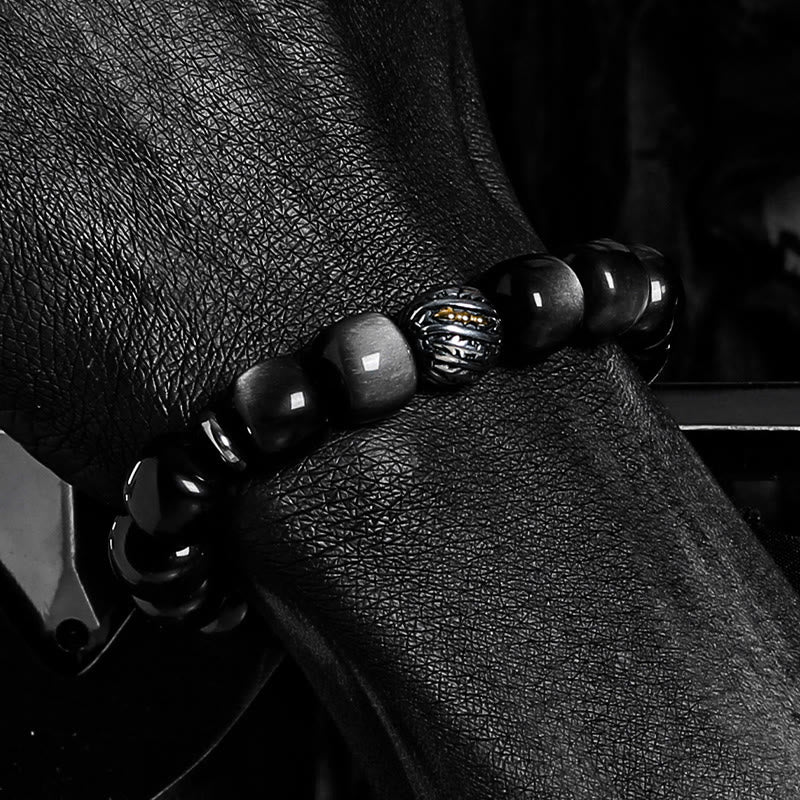 Olivenorma Silver Obsidian Twisted Symbol Engraved Charm Bracelet - image 4