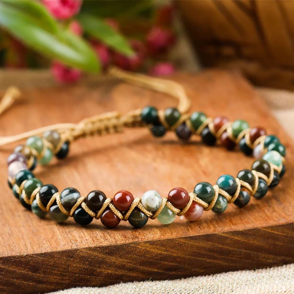 Olivenorma Tiger Eye Double-Row Adjustable Braided Cord Beaded Bracelet - Agate - image 8