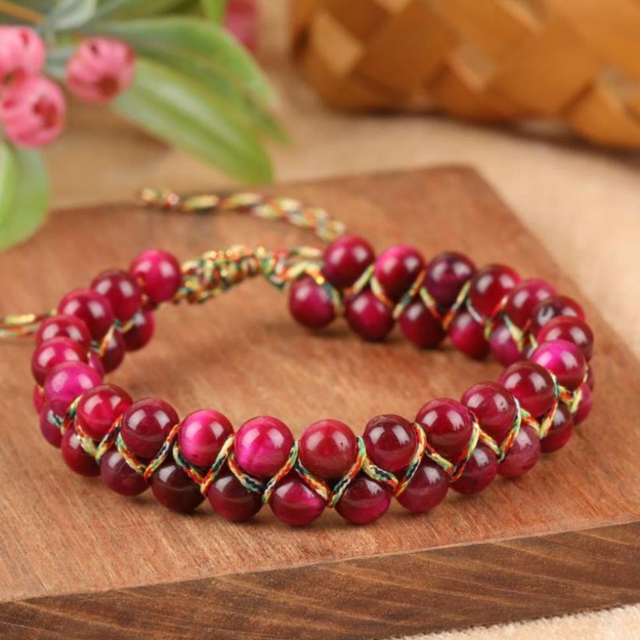 Olivenorma Tiger Eye Double-Row Adjustable Braided Cord Beaded Bracelet - Pink Tiger Eye - image 6