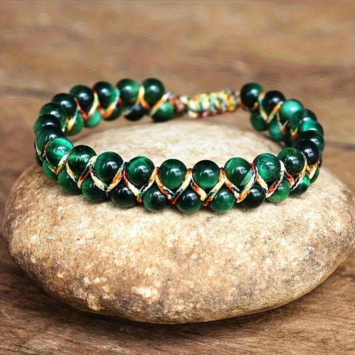 Olivenorma Tiger Eye Double-Row Adjustable Braided Cord Beaded Bracelet - Green Tiger Eye - image 0