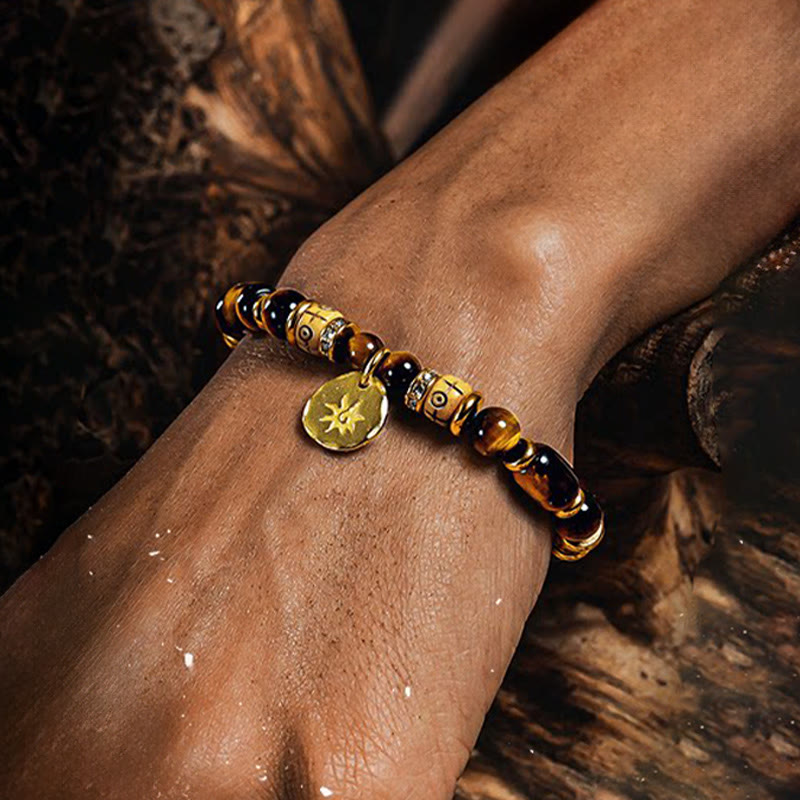 Olivenorma Tiger's Eye Stone Sun Charm Engraved Beaded Bracelet - image 3
