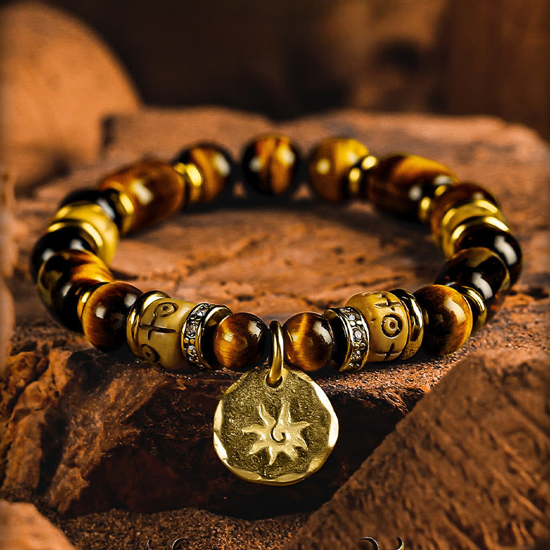 Olivenorma Tiger's Eye Stone Sun Charm Engraved Beaded Bracelet - 18-19cm - image 0