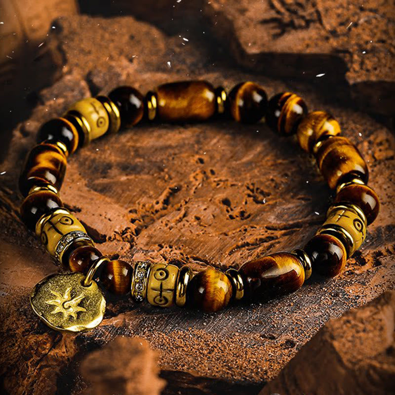 Olivenorma Tiger's Eye Stone Sun Charm Engraved Beaded Bracelet - image 1