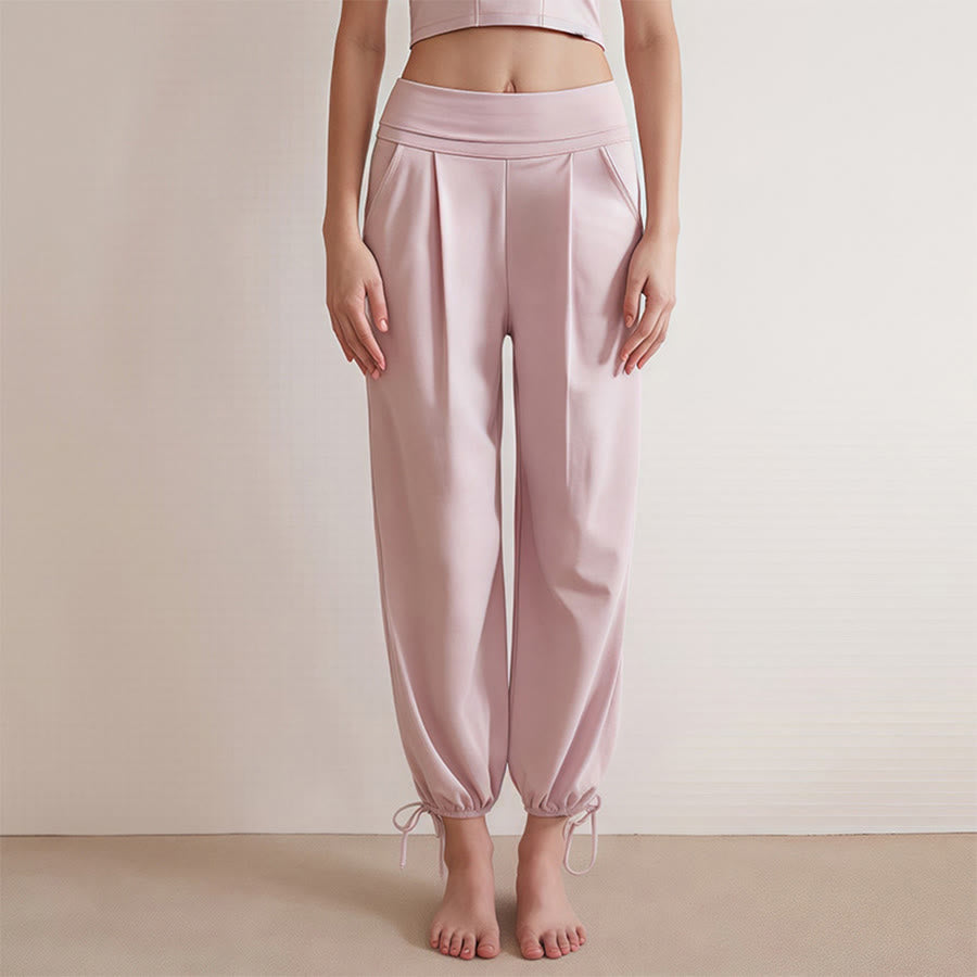 Olivenorma High Waist Pleated Drawstring Ankle Harem Yoga Women's Pants - Pink - L - image 7