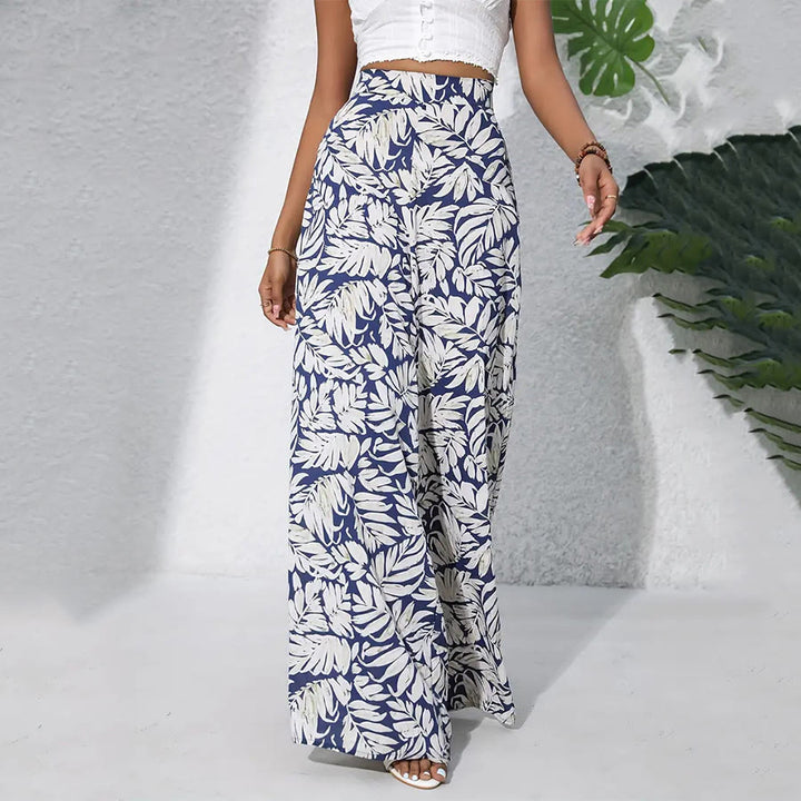 Olivenorma Tropical Leaf Print High-Waist Wide Leg Women's Pants - Navy White - XXL - image 2