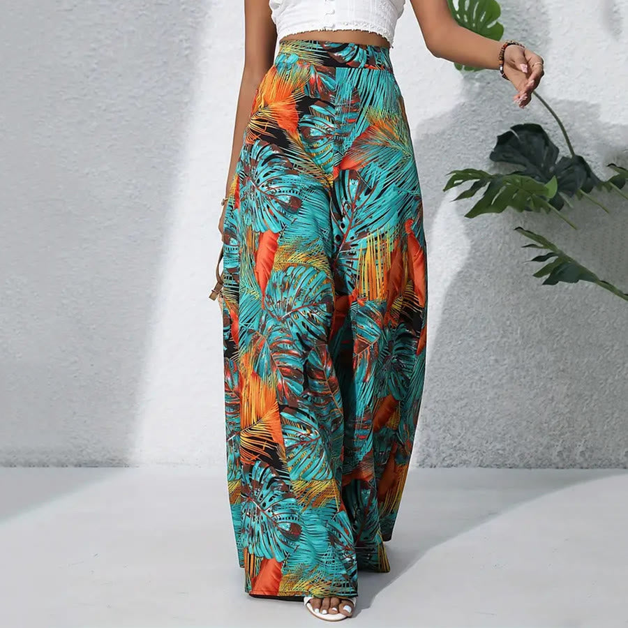 Olivenorma Tropical Leaf Print High-Waist Wide Leg Women's Pants - Turquoise Orange - XXL - image 8