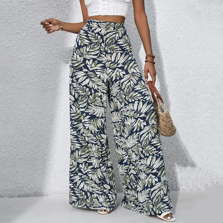 Olivenorma Tropical Leaf Print High-Waist Wide Leg Women's Pants - Navy Green - XXL - image 10