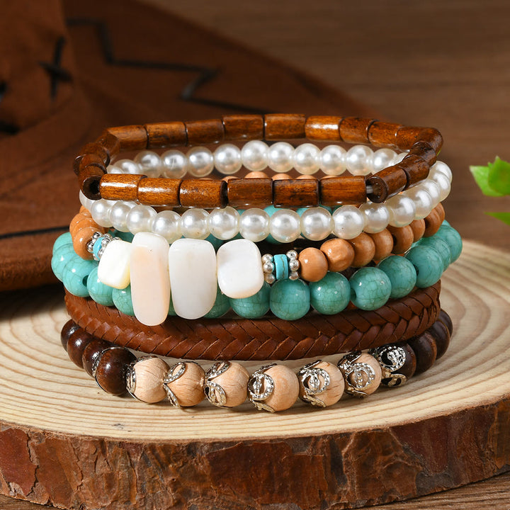 Olivenorma Stackable Multi-Layer Handmade Feather Charm Boho Ethnic Bracelet - Turquoise Shell - image 31