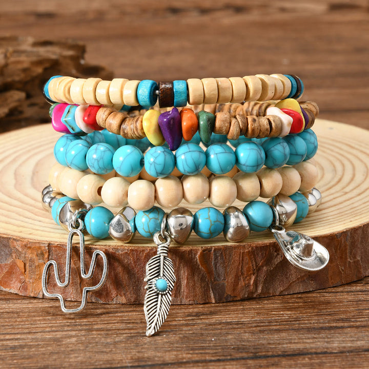 Olivenorma Stackable Multi-Layer Handmade Feather Charm Boho Ethnic Bracelet - Cactus Turquoise - image 41