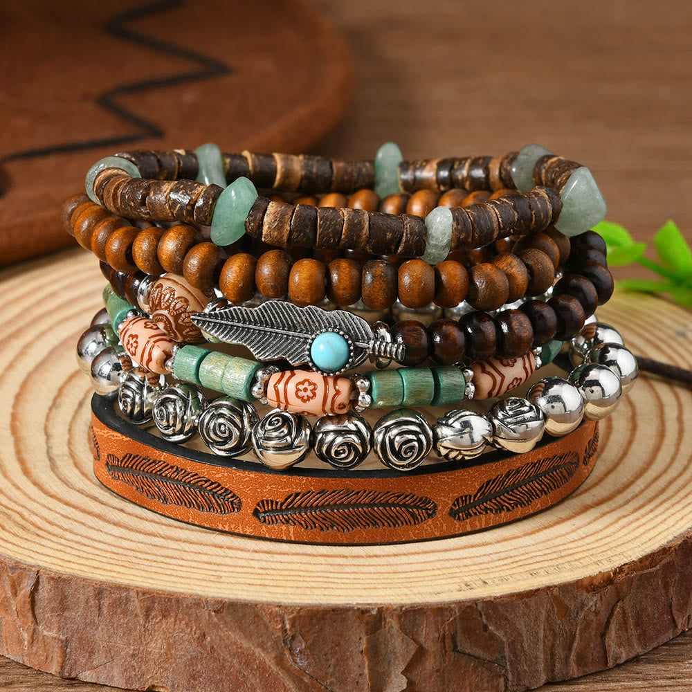 Olivenorma Stackable Multi-Layer Handmade Feather Charm Boho Ethnic Bracelet - Wooden Turquoise - image 0