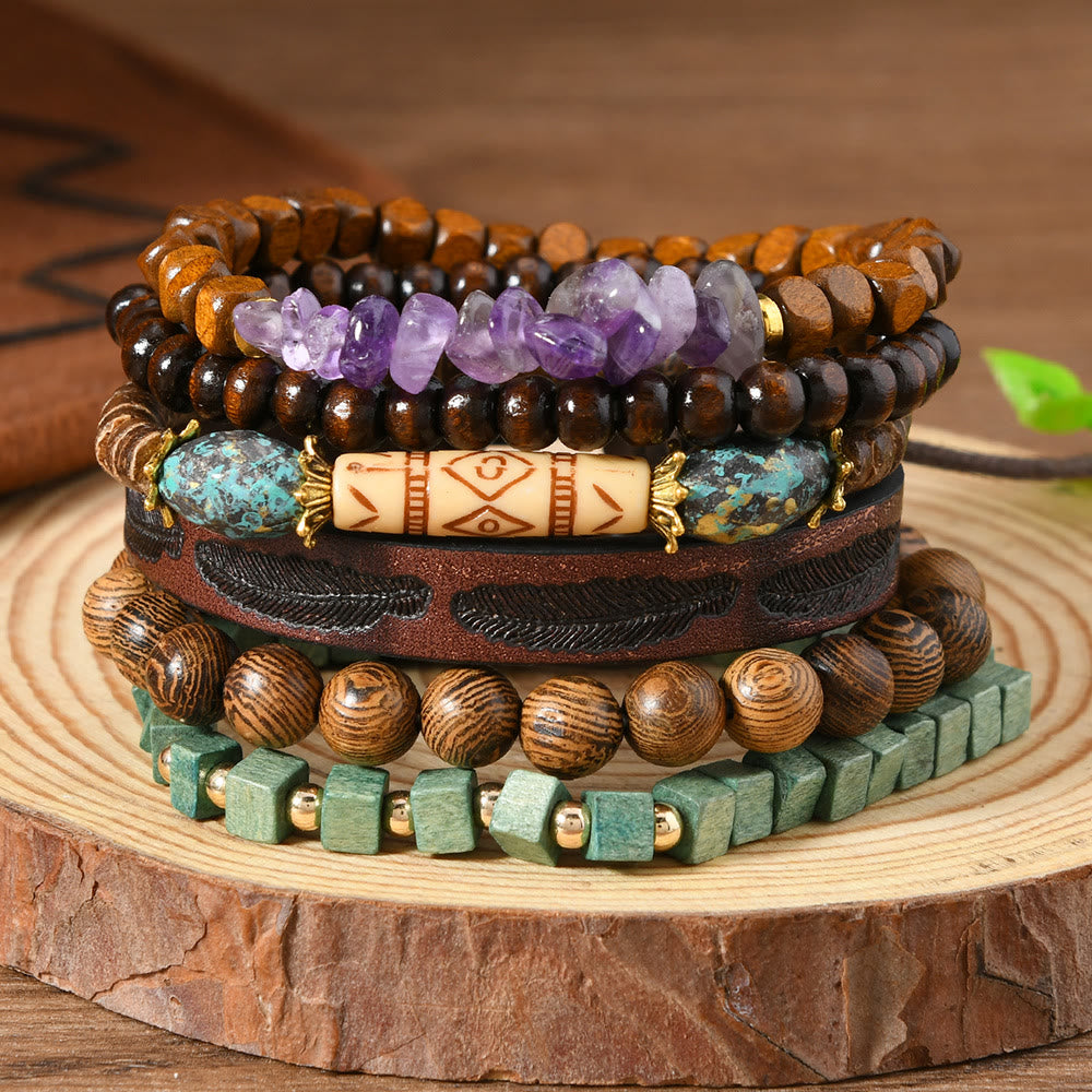 Olivenorma Stackable Multi-Layer Handmade Feather Charm Boho Ethnic Bracelet - Amethyst Turquoise - image 11