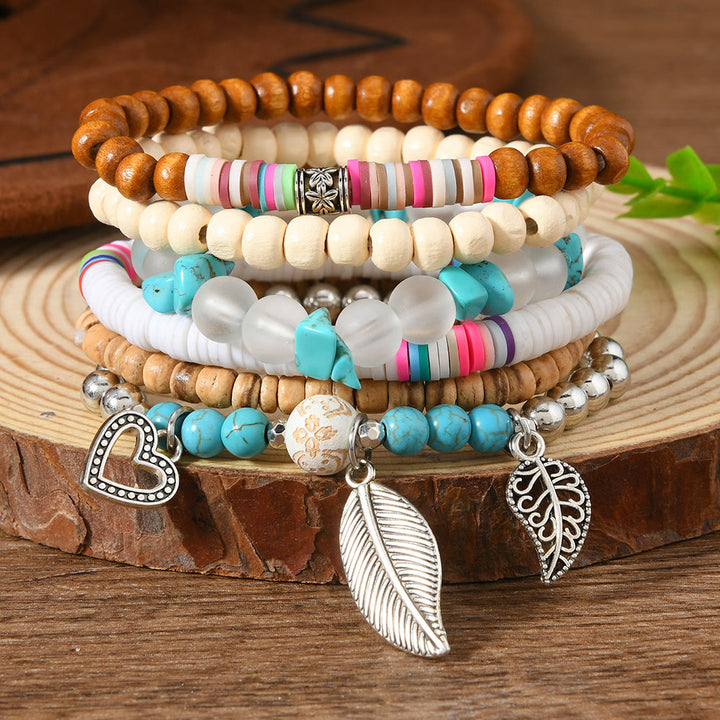 FREE Today: Women's Boho Beaded Layered Charm Bracelet 6Pcs Set - Leaf Pendant - image 7
