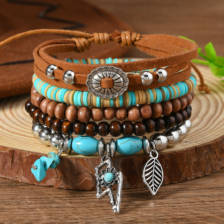 Olivenorma Stackable Multi-Layer Handmade Feather Charm Boho Ethnic Bracelet - Turquoise Sun - image 29
