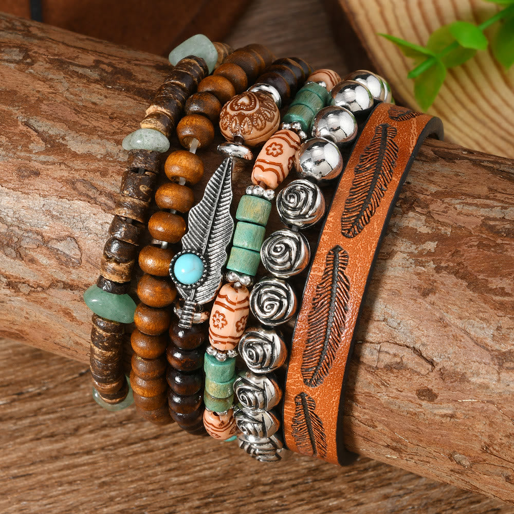 Olivenorma Stackable Multi-Layer Handmade Feather Charm Boho Ethnic Bracelet - image 1