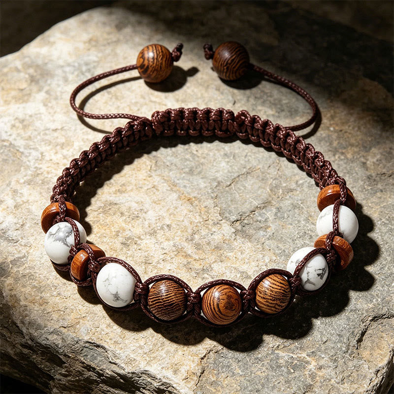 Olivenorma Adjustable Sliding Knot Handmade Beaded Braided Bracelet - White Howlite&Wood - image 0
