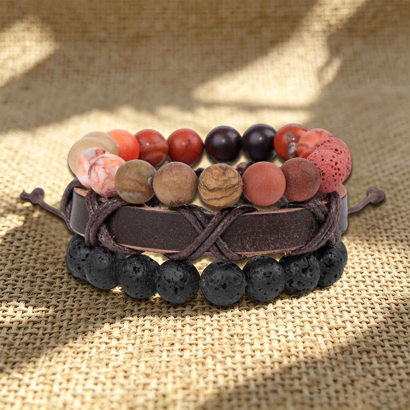 Olivenorma Stackable Multi-Layer Handmade Boho Ethnic Bracelet - Lava Stone & Picture Jasper - image 3