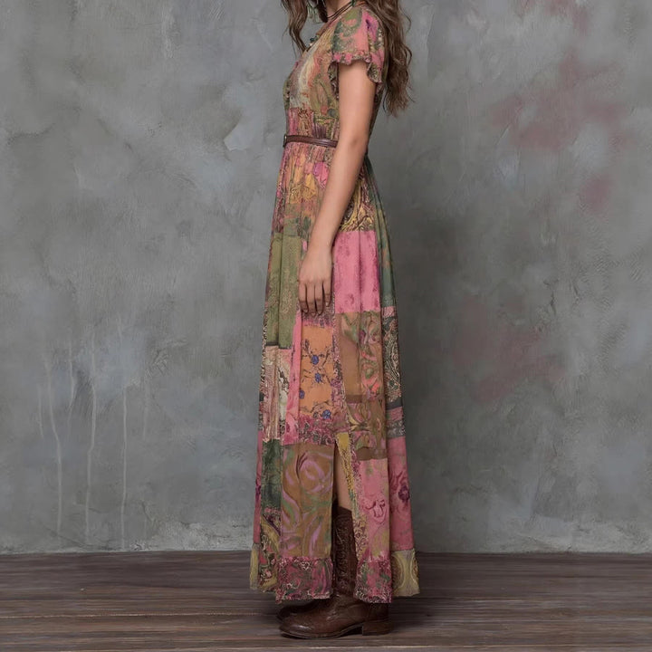 Olivenorma Artistic Patchwork Print V-Neck Button Front Flounce Sleeve Maxi Women's Dress - image 2
